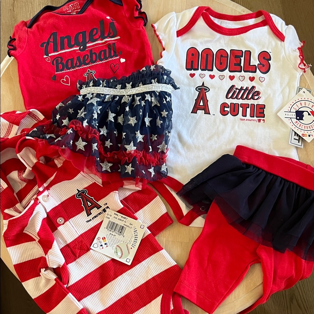 MLB Anaheim Angels - Red, White, and Blue - Baby Girl Onesies and bottoms.